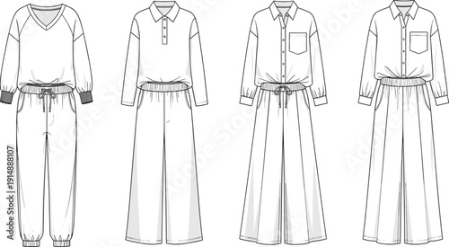 Women Loungewear and Casual Set Collection Technical Sketch Vector Illustration Featuring V-Neck Sweatshirts Polo Shirts and Wide Leg Jogger Pants