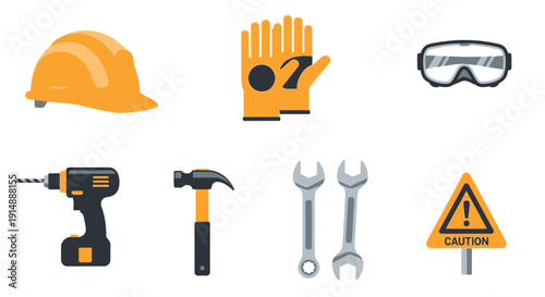 Assorted construction tools and safety gear including hard hat, gloves, goggles, drill, hammer, wrenches, and warning sign on a clean background.