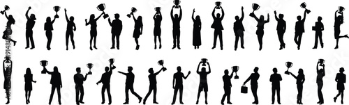 Set of silhouette vector people holding trophies, winners celebrating success, champions with awards isolated on white background for achievement design,