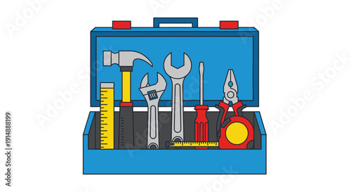 A blue toolbox is open showcasing various tools arranged neatly inside viewed from the front