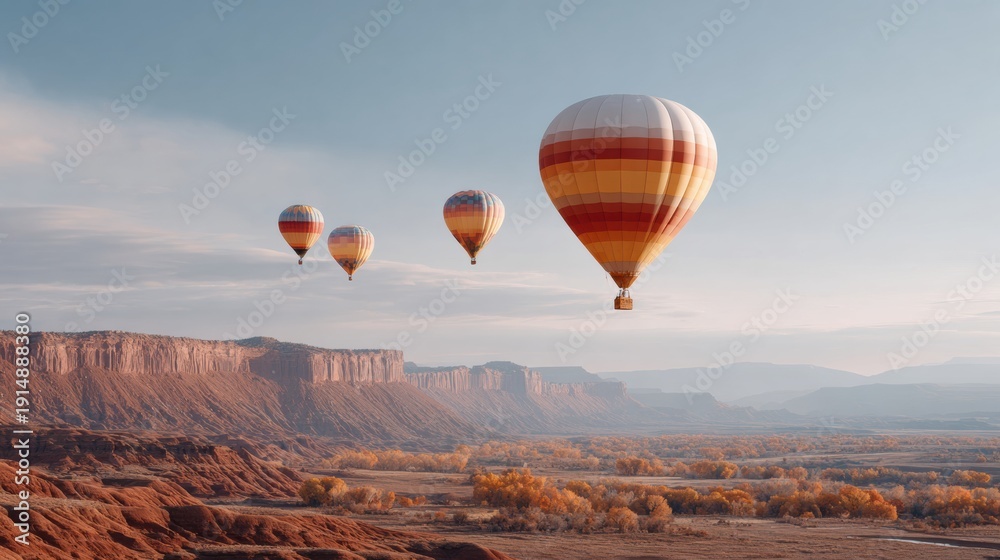 Fototapeta premium a group of hot air balloons flying over a canyon