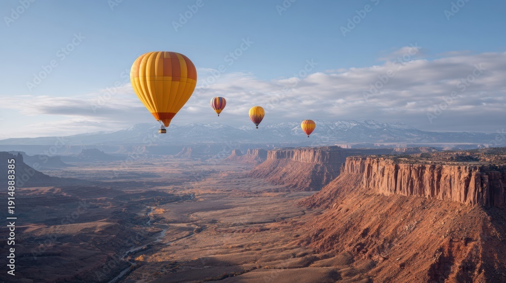 Fototapeta premium a group of hot air balloons flying over a canyon