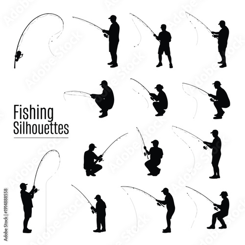 Multiple Fishing Silhouettes with Text Keywords: fishing, silhouettes, angler, fisherman