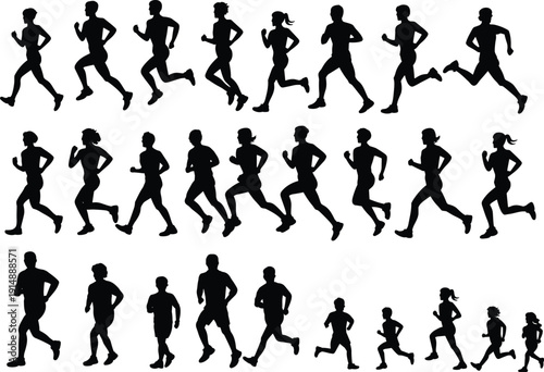 Set of silhouette vector runners, diverse men, women, and children jogging, athletes in motion isolated on white background for sports design,