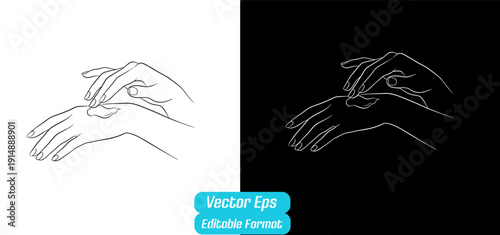Vector line art illustration of hands applying a dollop of cream or lotion to the back of a hand, isolated on transparent background.