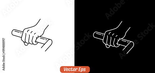 Vector line art illustration of a hand gripping a shopping cart, presented in both black outline on white and white outline on black background.