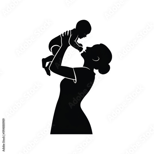 Black silhouette of a woman holding and kissing a baby on a transparent background