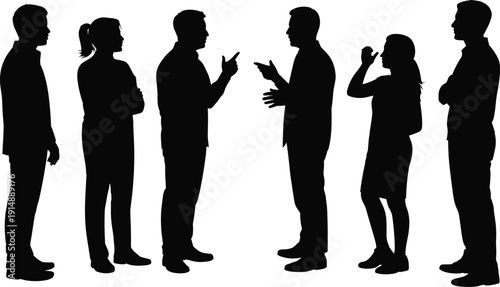 Silhouette of diverse people group standing and talking, business team communication, social interaction, crowd of men and women, networking concept.