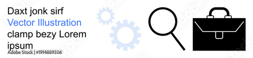 Business management, workflow analysis, productivity tools, job search, professional services, solution concepts. Black briefcase, magnifying glass blue gear wheels. Business management and workflow