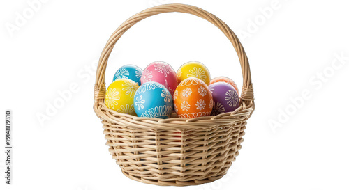 Easter basket with colorful eggs isolated on transparent background