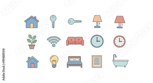 Minimalist Home Icons Representing Various Aspects of Domestic Life and Interior Decor
