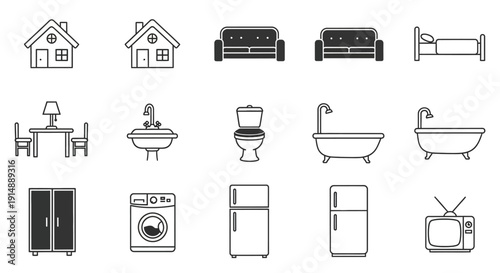 Minimalist Home Interior Elements: Outlined Vector Icons Representing Various Furnishings