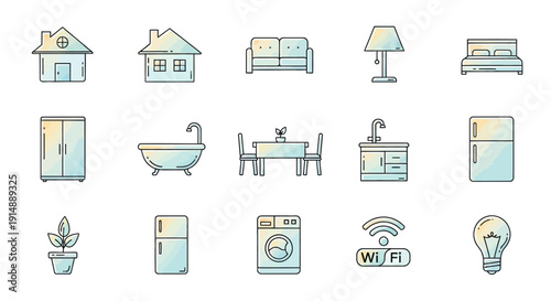 Minimalist Home Interior Icon Set Illustrating Modern Living and Smart Technology