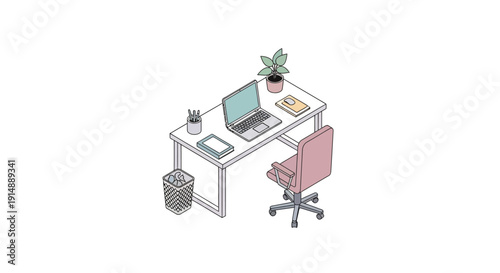 Minimalist home office setup with laptop, desk, chair, and plant in a clean workspace environment