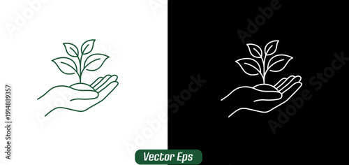 Vector line art illustration of a hand holding a small green plant sprout with leaves, isolated on transparent background, ideal for environmental branding.