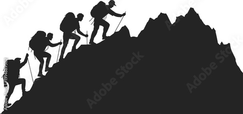 Silhouette of four hikers with backpacks climbing a steep mountain peak, teamwork, adventure, outdoor recreation, mountaineering, success, and journey concept.