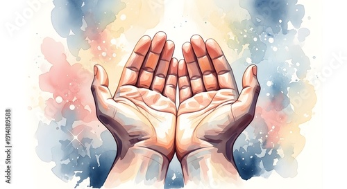 Open hands cupped upwards in prayer or supplication against watercolor background gentle pink blue abstract paint splashes symbolizing hope and spirituality gentle greeting