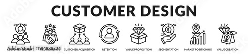 Customer design banner focusing on strategic relationship management and value driven market engagement. in Lineal Icon Style