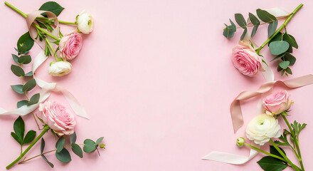 Romantic pink roses and ranunculus flowers with eucalyptus leaves and ribbons on a pastel pink background