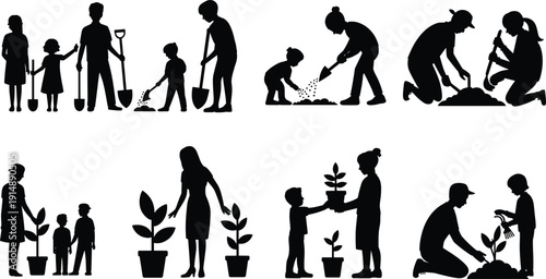 Family gardening and tree planting silhouette collection, parents and children outdoor activities, black vector illustration isolated on white background, sustainability concept