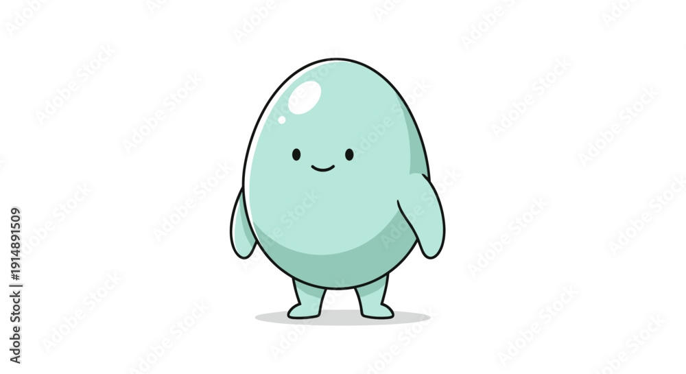 Fototapeta premium Cute cartoon character illustration of a cheerful, smiling light blue creature with an appealing egg shape, conveying happiness and friendly charm for various graphic designs