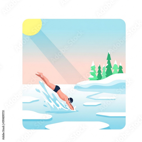 Man diving into icy lake during winter swim with snowy landscape  