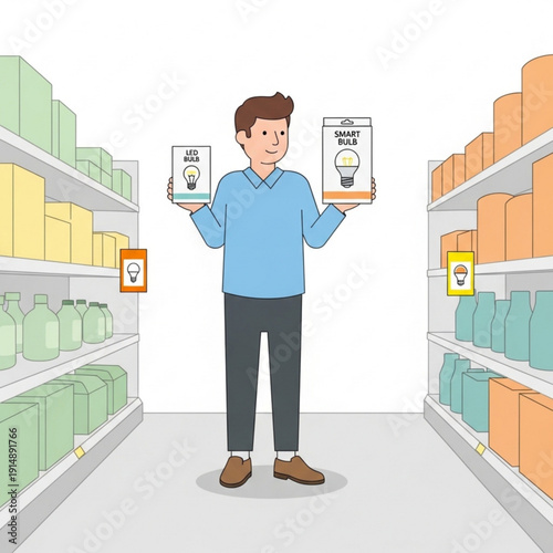 Man comparing smart bulb products in hardware store aisle  