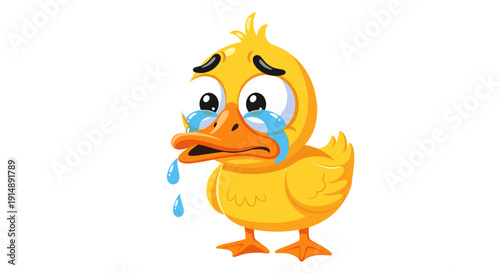 Sad, Crying Cartoon Duckling with Water Droplets Falling from its Eyes and Bill