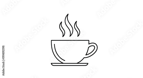 Simple black line art icon depicting a steaming hot beverage like coffee or tea served in a classic cup and saucer set