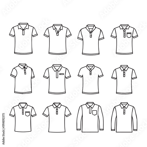 Polo Shirt Variations Collection: Short & Long Sleeve Styles, Pocket Details, Outline Icons