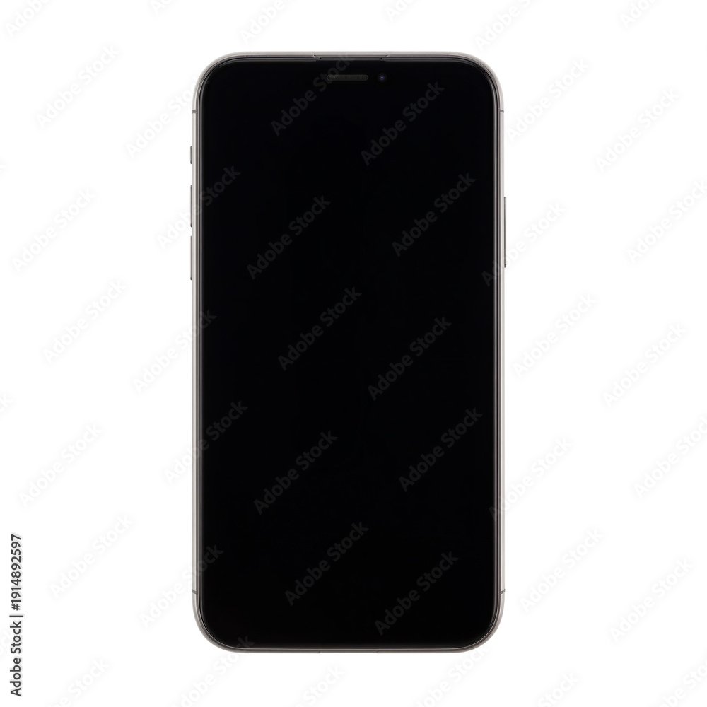 Naklejka premium Sleek, modern smartphone with black screen and slim edges, centered in studio photography on a white background