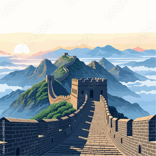 The Great Wall of China at sunrise with misty mountains