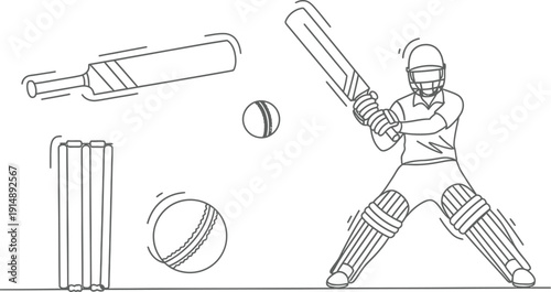 Simple black and white line art illustration depicts a cricket batsman ready to strike a ball near the wickets and an extra bat in motion suggesting a fast-paced sporting action.
