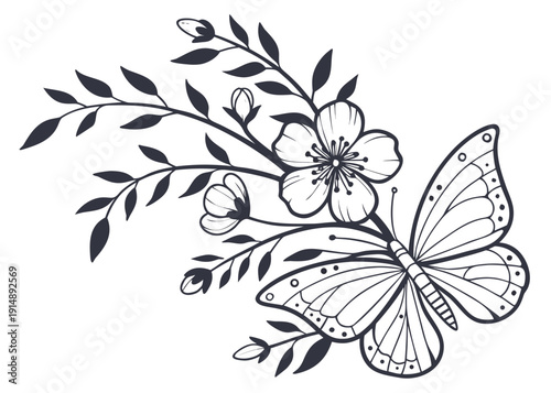 Contemporary botanical graphic illustration, dainty micro tattoo design, soft floral motifs, monochrome vector style
