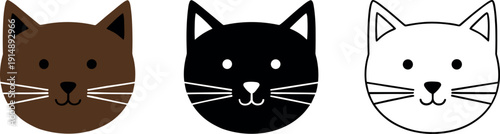 Cute cat face icon set in flat, silhouette, and outline styles for pets, animals, and playful branding