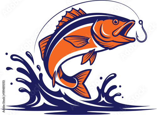 Jumping Fish Caught on Hook Icon Depicting Fishing and Outdoor Adventure
