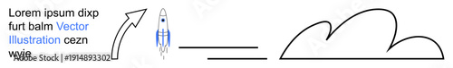 Space exploration, innovation, startup growth, progress, goal setting, futuristic design. Rocket launching with an arrow and cloud shapes. Space exploration and innovation concept