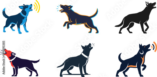 A collection of stylized vector illustrations depicting various dogs barking and howling in different dynamic poses, capturing their vocal expressions and unique graphic forms
