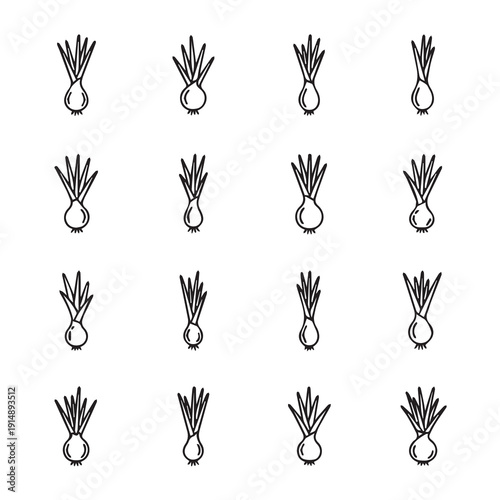 Scallion Icon Pattern, Simple Line Drawing, White Background, Food Ingredient
