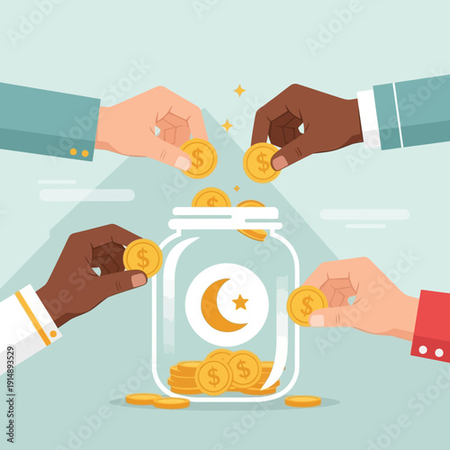 Hands of diverse individuals contributing coins to a charity jar with a crescent moon symbol during a fundraising event
