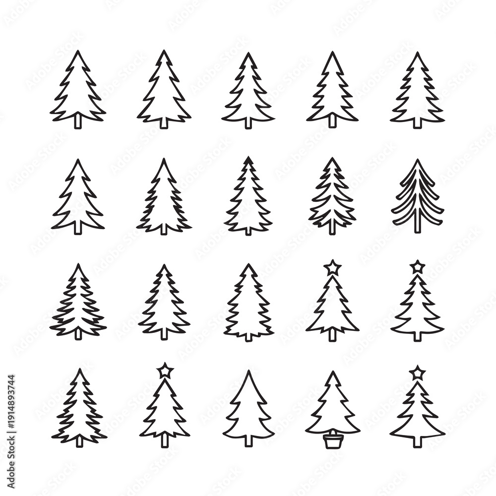 Obraz premium Set of Christmas Tree Icons, Outline Vector Illustrations, Minimalist Style