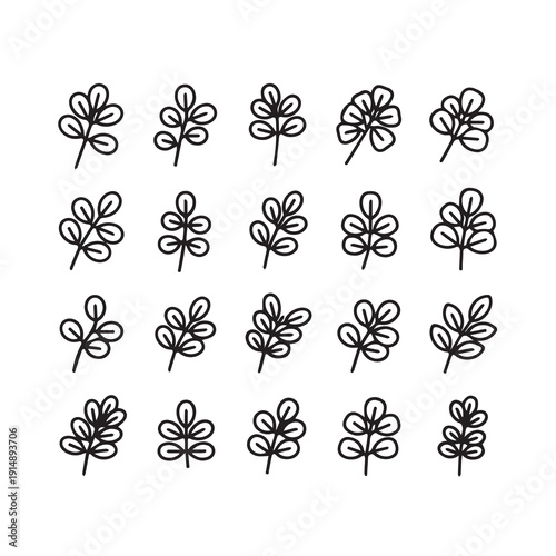 Set of 20 hand-drawn leaf branch icons, vector illustration, simple doodle style
