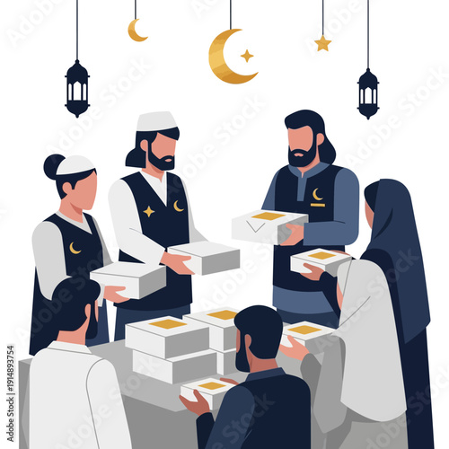 Community members gathering around a table to distribute food boxes together during Ramadan under crescent moon and stars