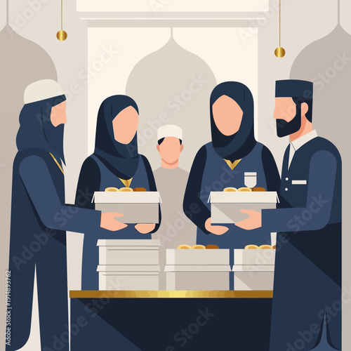 People in traditional attire exchange food containers in a serene indoor setting with arches and hanging ornaments