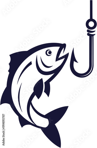Stylized graphic illustration depicting a fish caught on a fishing hook, a classic emblem for outdoor sports, angling, and fishing club designs
