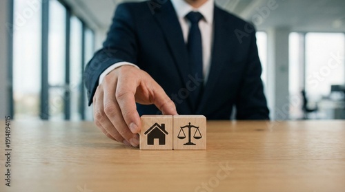 Corporate professional placing house and justice scales blocks on desk, mortgage regulation and compliance concept in office