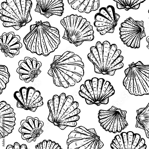 Shells Seamless Pattern Hand Drawn Style. Charcoal Sea Wallpaper Design. Shell, Mollusk and Oyster Marine Nautical Endless Background in Sketch Hand Drawn Style. Vector Line Art Background
