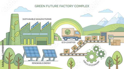 Green Future Factory Concept: Sustainable Manufacturing, Renewable Energy, Eco-Logistics, and Circular Economy Diagram
