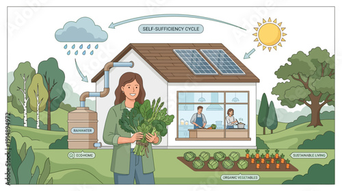 Self-Sufficiency Cycle Diagram: Eco-Home with Solar Panels, Rainwater Harvesting, and Organic Vegetable Garden