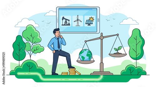ESG Investment Strategy: Businessman Balancing Earth and Sprout on Scales, Choosing Renewable Energy over Fossil Fuels